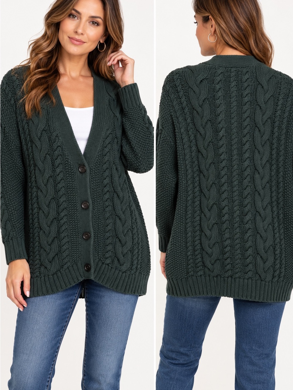Quince 100% Organic Cotton Oversized Cable Knit Cardigan Dark Forest Green XS